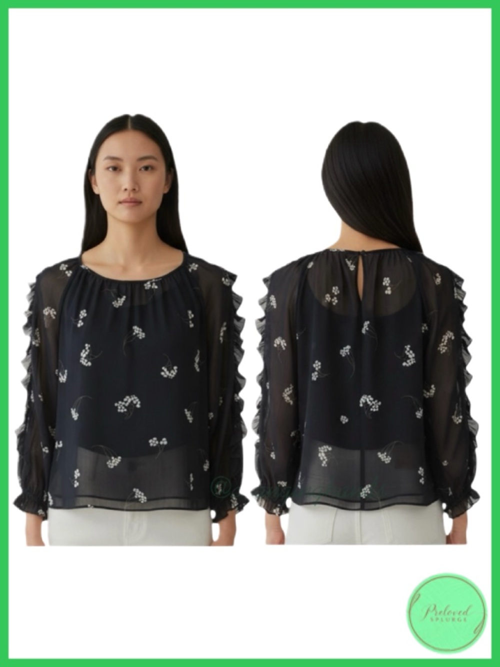 Ann Taylor Navy Blue Floral Long Sleeve Blouse